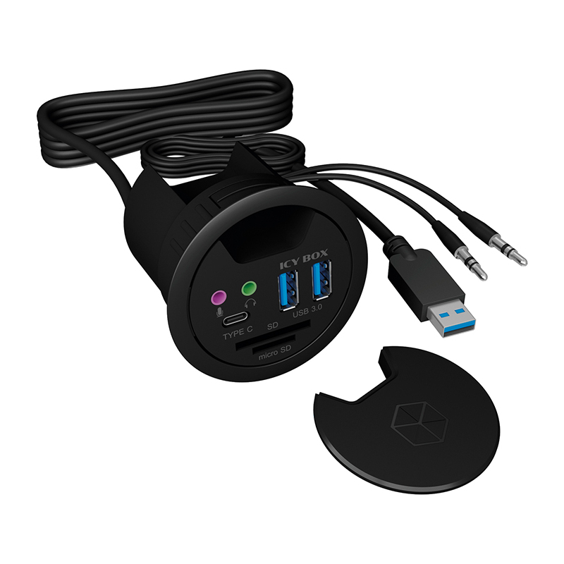 Icy Box In-Desk USB-A Hub IB-HUB14A - Kartenleser, 2x USB-A, 1x USB-C, 2x 3.5mm Klinke, 1.2 m