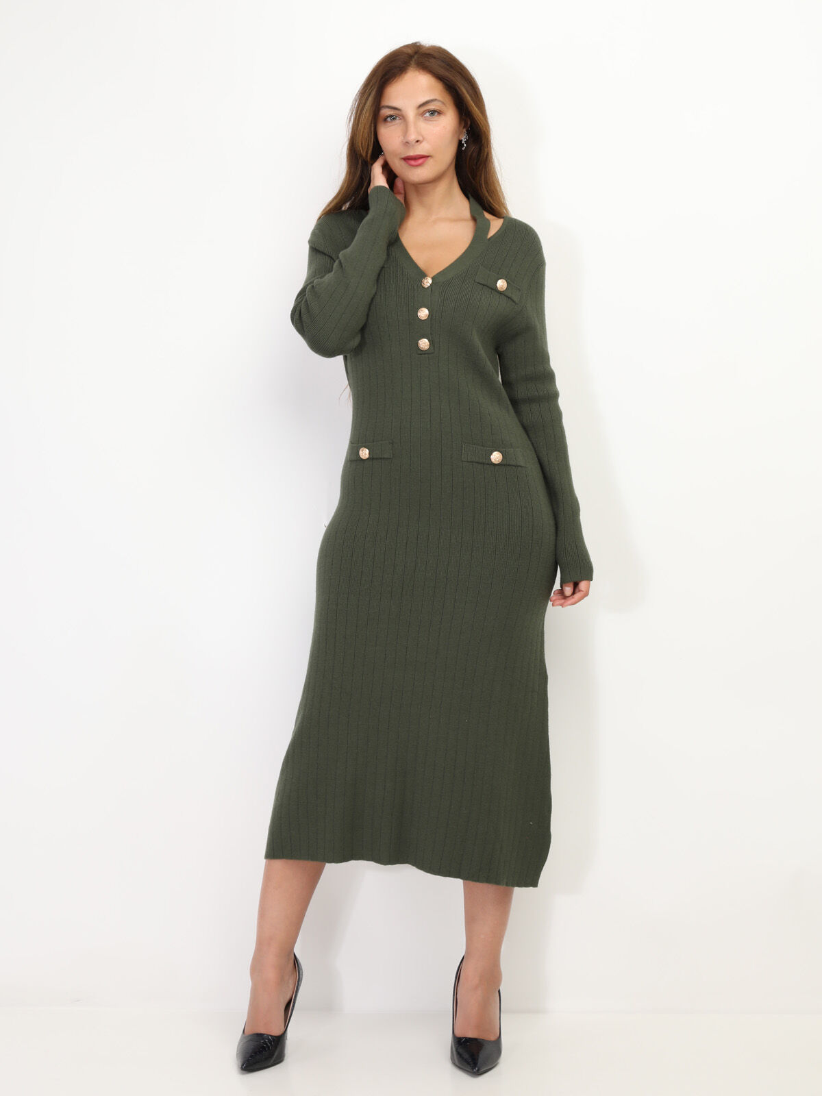 Robe longue cut out à boutons- Kaki