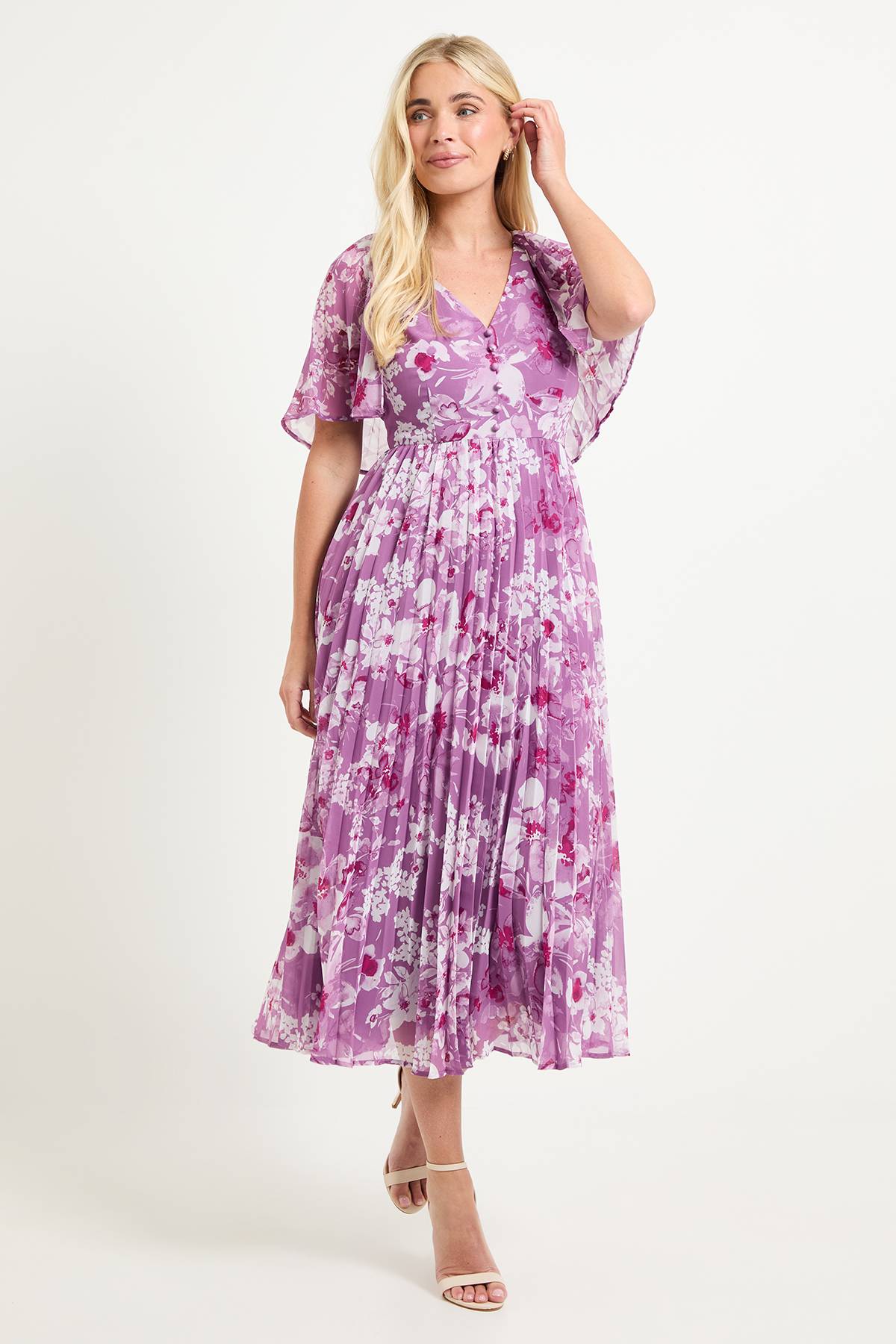 Wallis Robe Midi À Manches Cape Plissées Et Motif Floral Petite