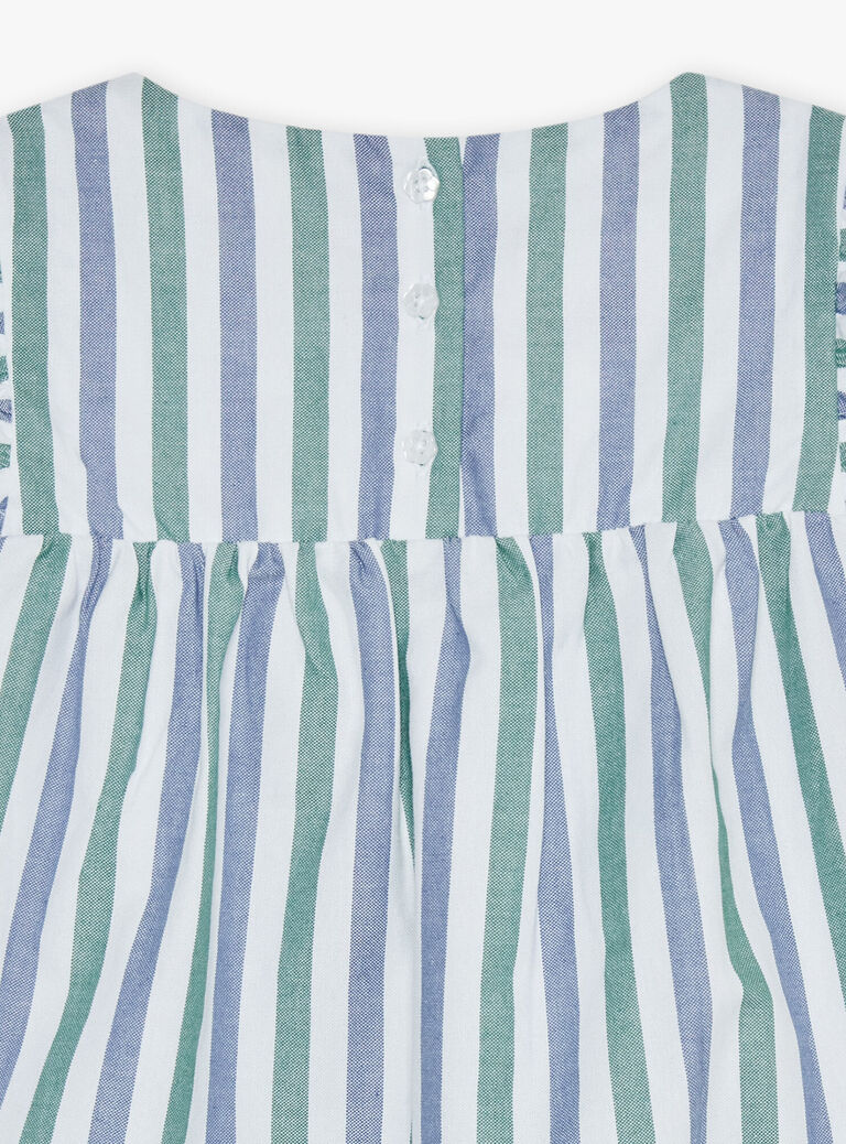 Blouse écrue volantée à rayures bleu et vert