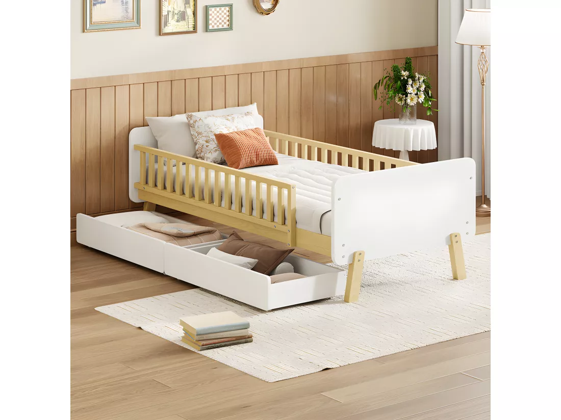 Lit enfant 90x190cm avec 2 tiroirs - lit simple en bois massif avec sommier à lattes - Blanc