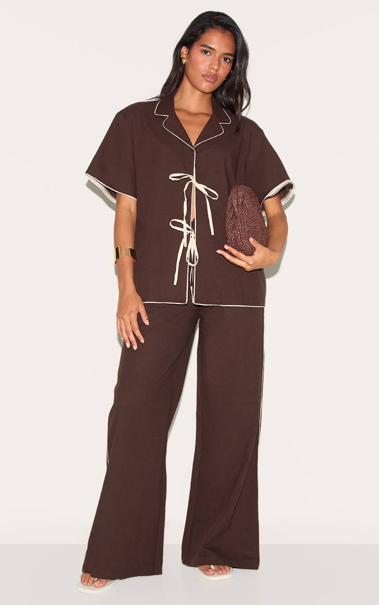 Marron Foncé Chemise Oversize Aspect Lin Avec Nœud Et Détails Contrastés