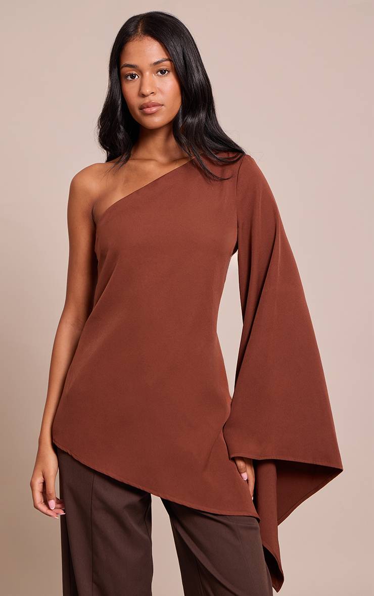 Chocolat Haut Long Asymétrique À Manche Évasée En Tissu Tissé Pour Grande Taille
