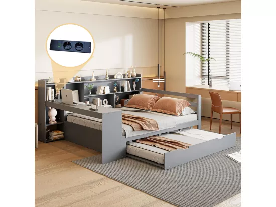 Lit gigogne 140x200 avec bureau étagères compartiments de rangement et étagères avec prises de courant lit double en bois Gris