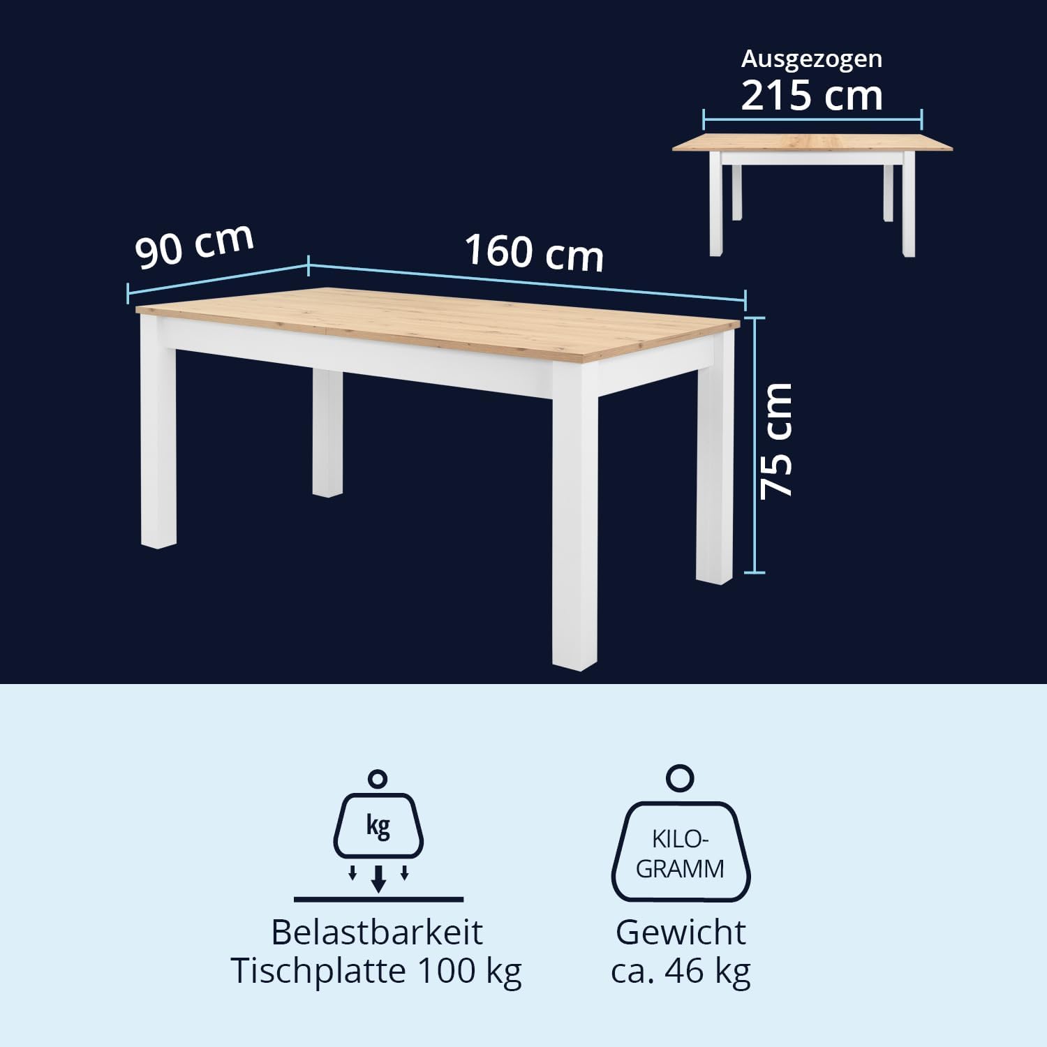 KHG Esstisch ausziehbar weiß Landhaus, Küchen-Tisch aus Holzwerkstoff weiß foliert, Deckplatte Holzoptik Asteiche foliert, 100kg belastbar, 160-215 x 75 x 90 cm (B/H/T)