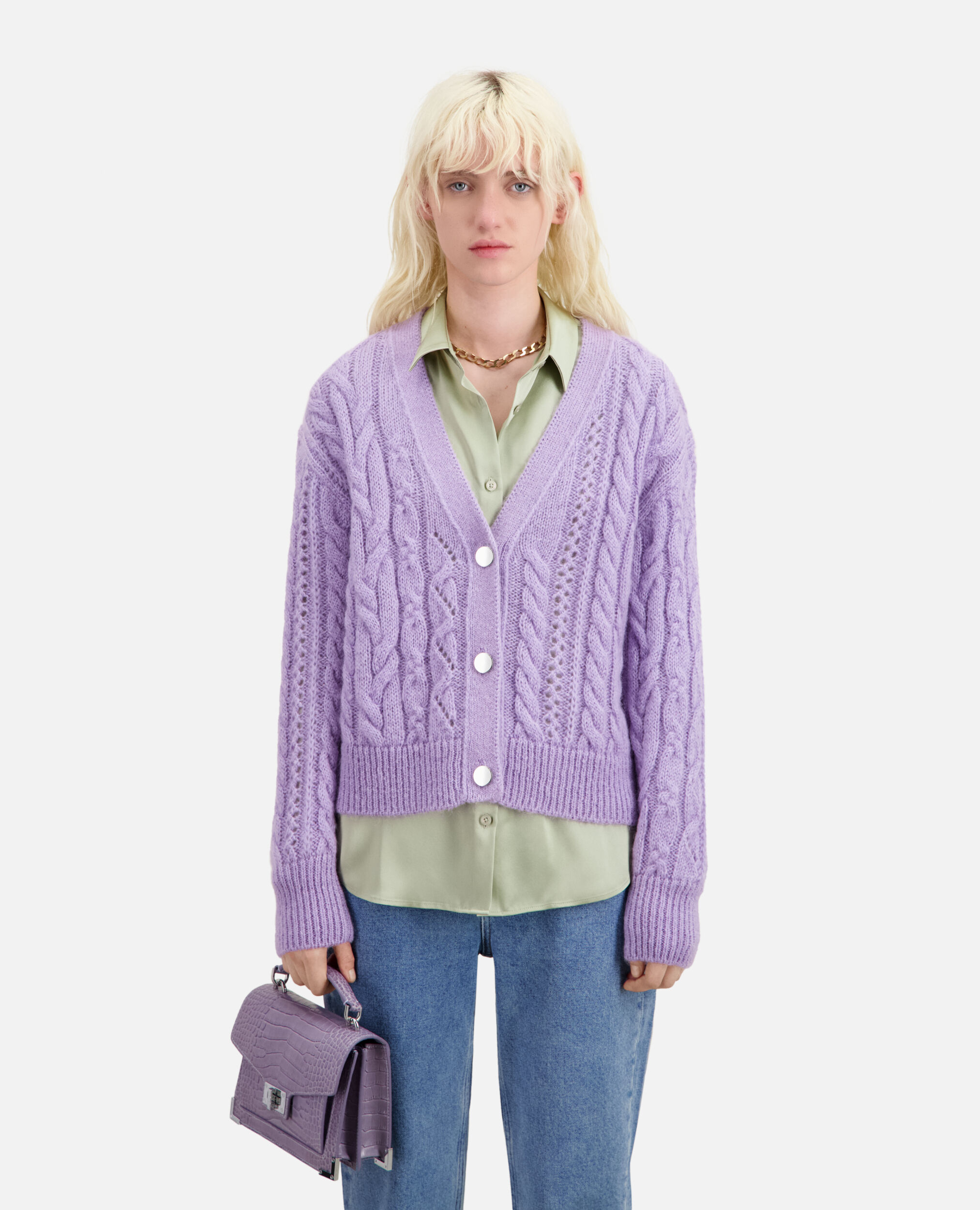 Mauve cable-knit wool-blend cardigan
