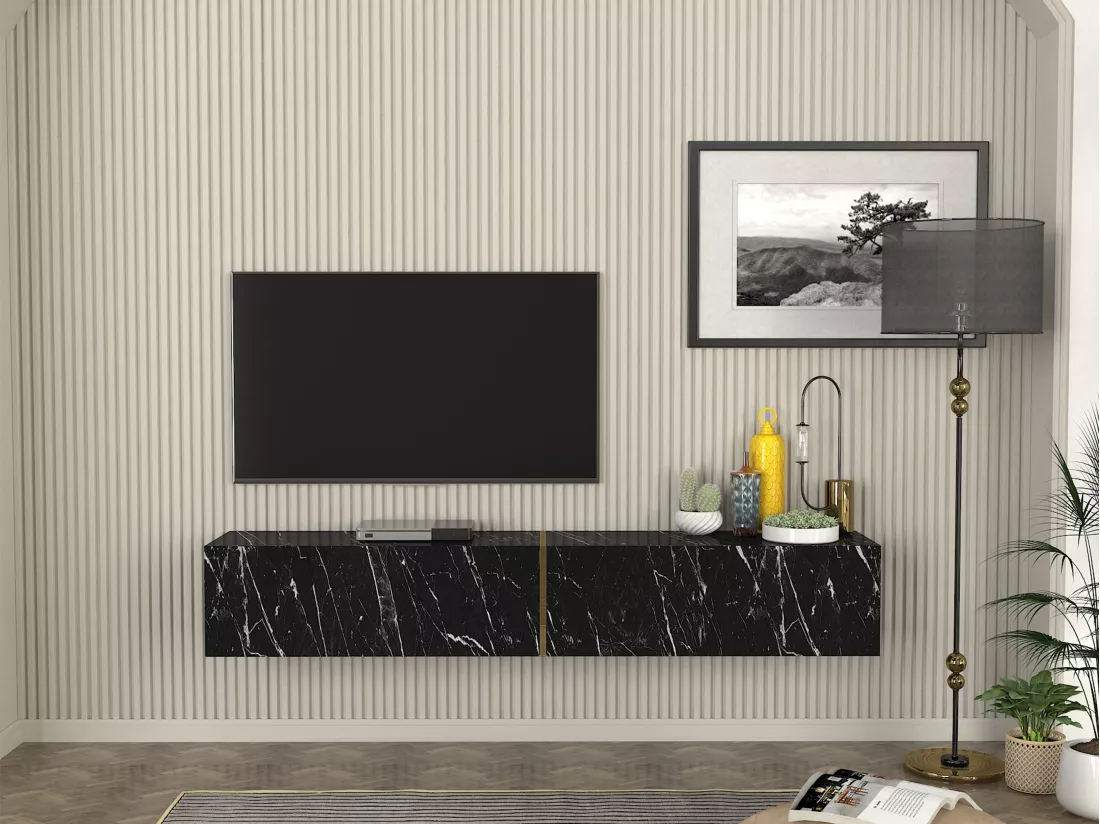 Meuble TV suspendu avec 2 portes - Effet marbre noir - DINOMA