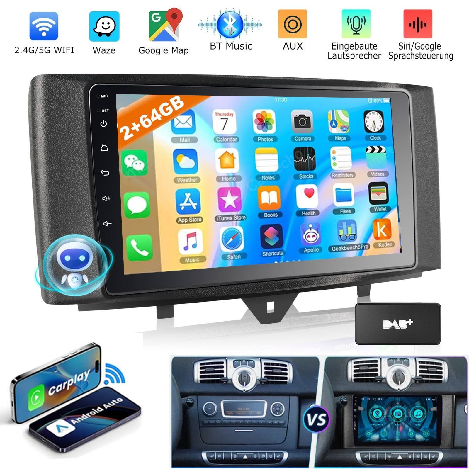 Dab+ Carplay Android 15 Autoradio Gps Navi Rds Fm Kam Für Smart Fortwo