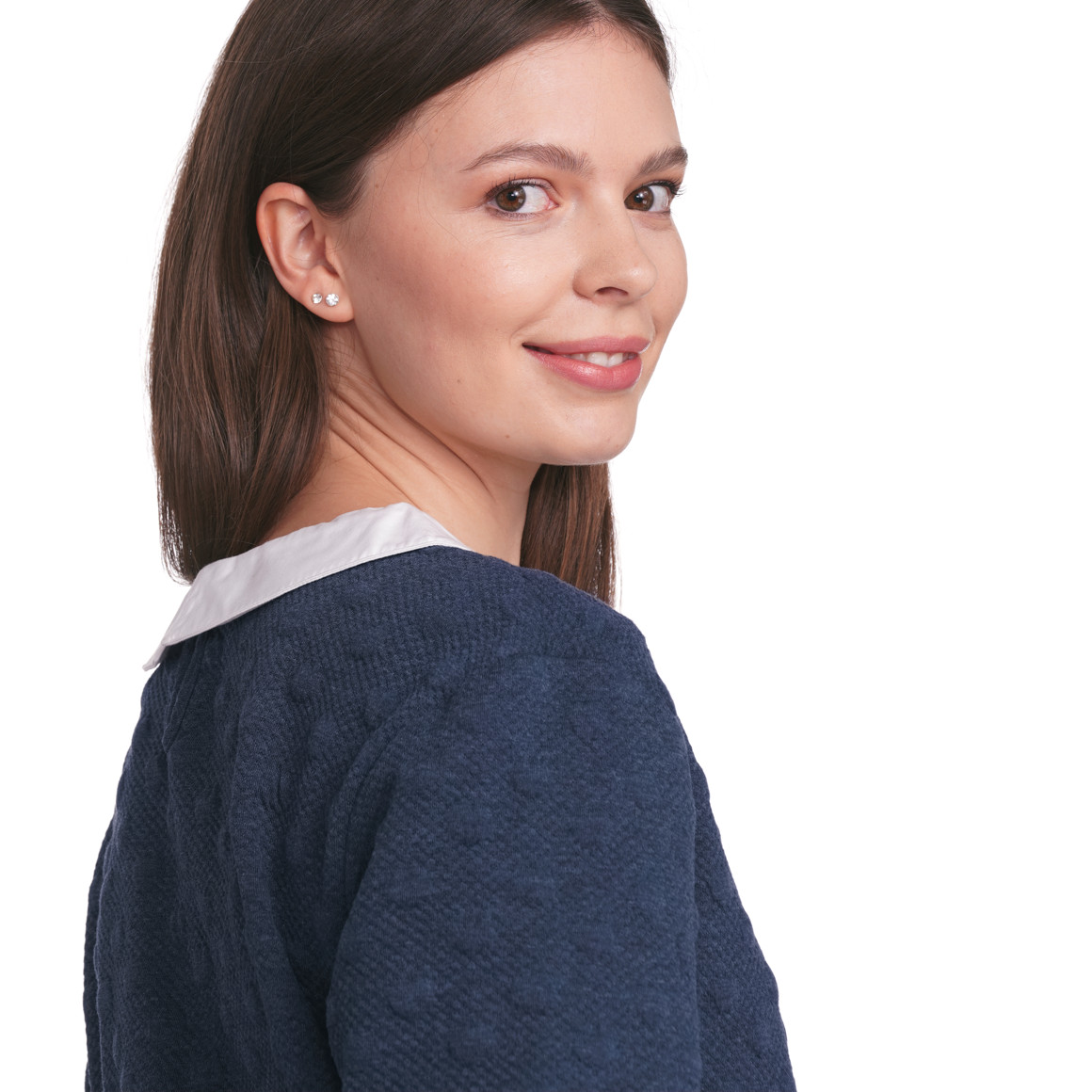 Gina Damen Strickpullover mit Blusen-Einsatz dunkelblau / weiss