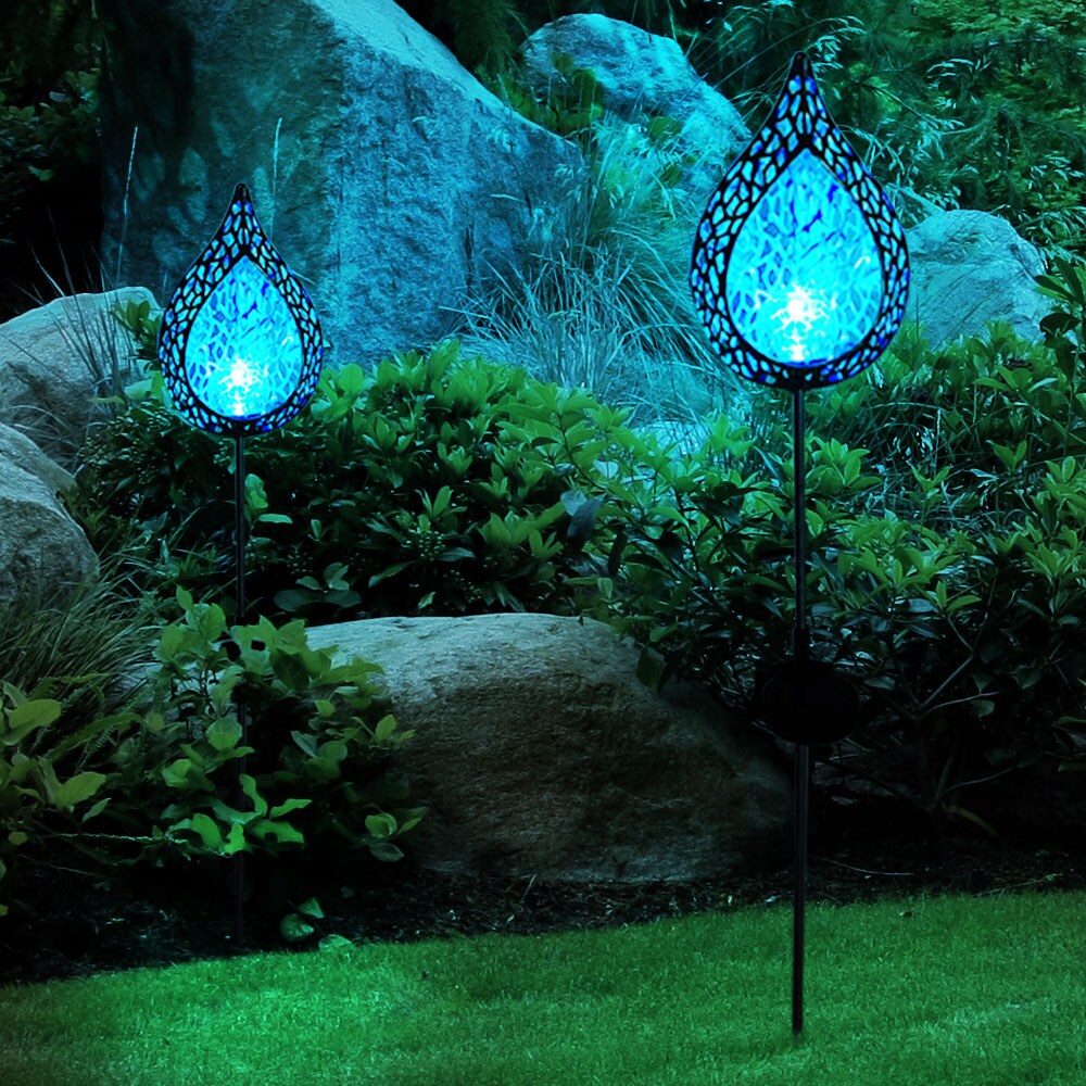 2x LED Solarleuchte, Flammen-Design, Erdspieß, blau, H 90 cm