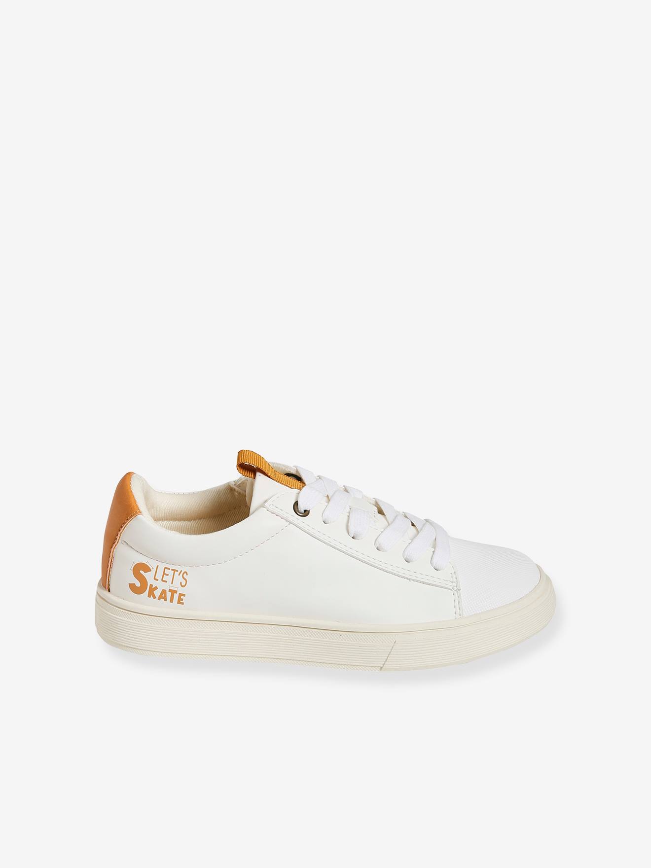 Tênis de amarrar com zíper, modelo infantil branco claro com estampas.