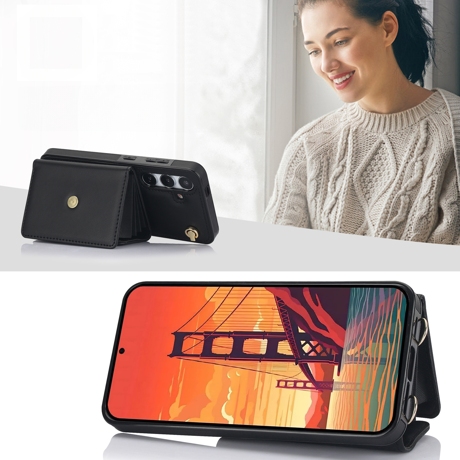 Samsung Galaxy S24  Plus Necklace Leder Schutz Hülle mit Kartenfach   Handykette (140cm) - Schwarz