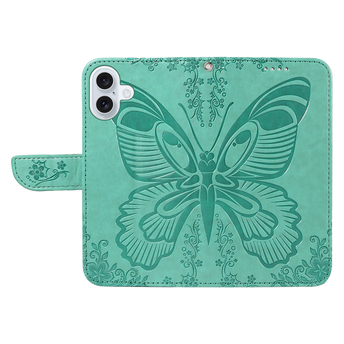 iPhone 17 Leder Tasche Flip Cover Schmetterlinge Imprint - Türkis