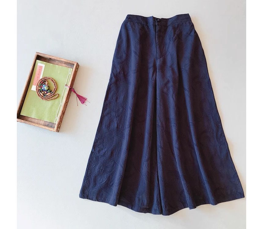 CosmoCorner - Hanfu-top met V-hals, elleboogmouwen en contrasterende bies / effen broek met wijde pijpen en middelhoge taille