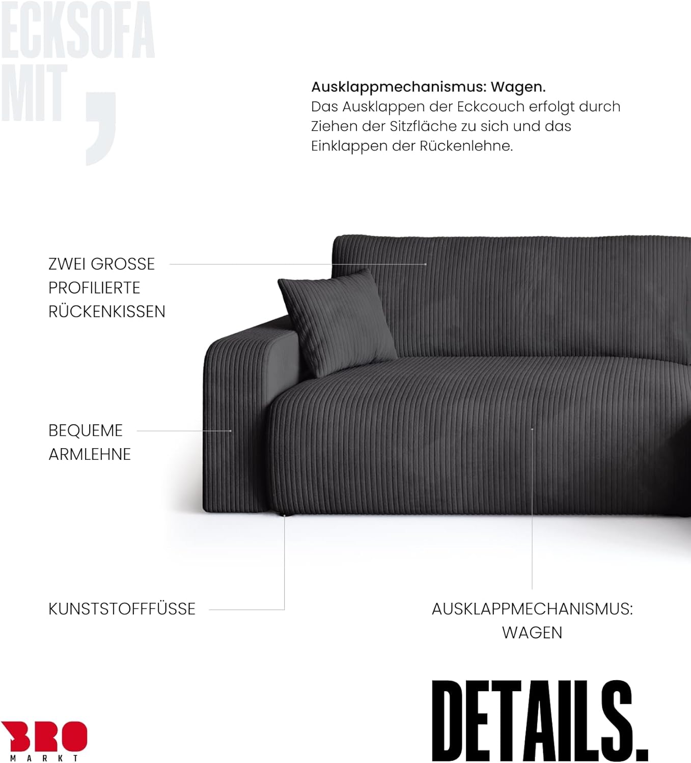 BROMARKT Ecksofa mit Schlaffunktion und Bettkasten Cordstoff Sofa Dreisitzer Schlafsofa Eckcouch Relaxsofa für Wohnzimmer Wohnlandschaft L-Form Bisk 275x170x85cm Grau