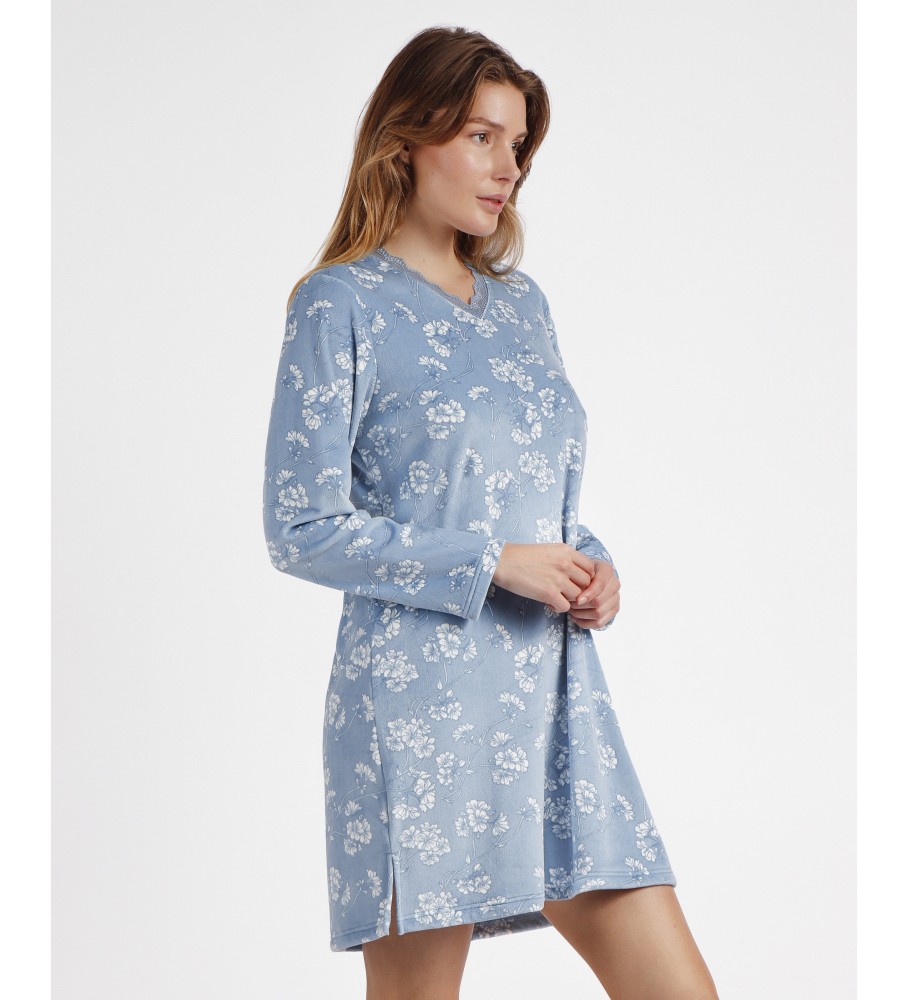 Camisola Admas de manga comprida com estampa floral branca e azul.