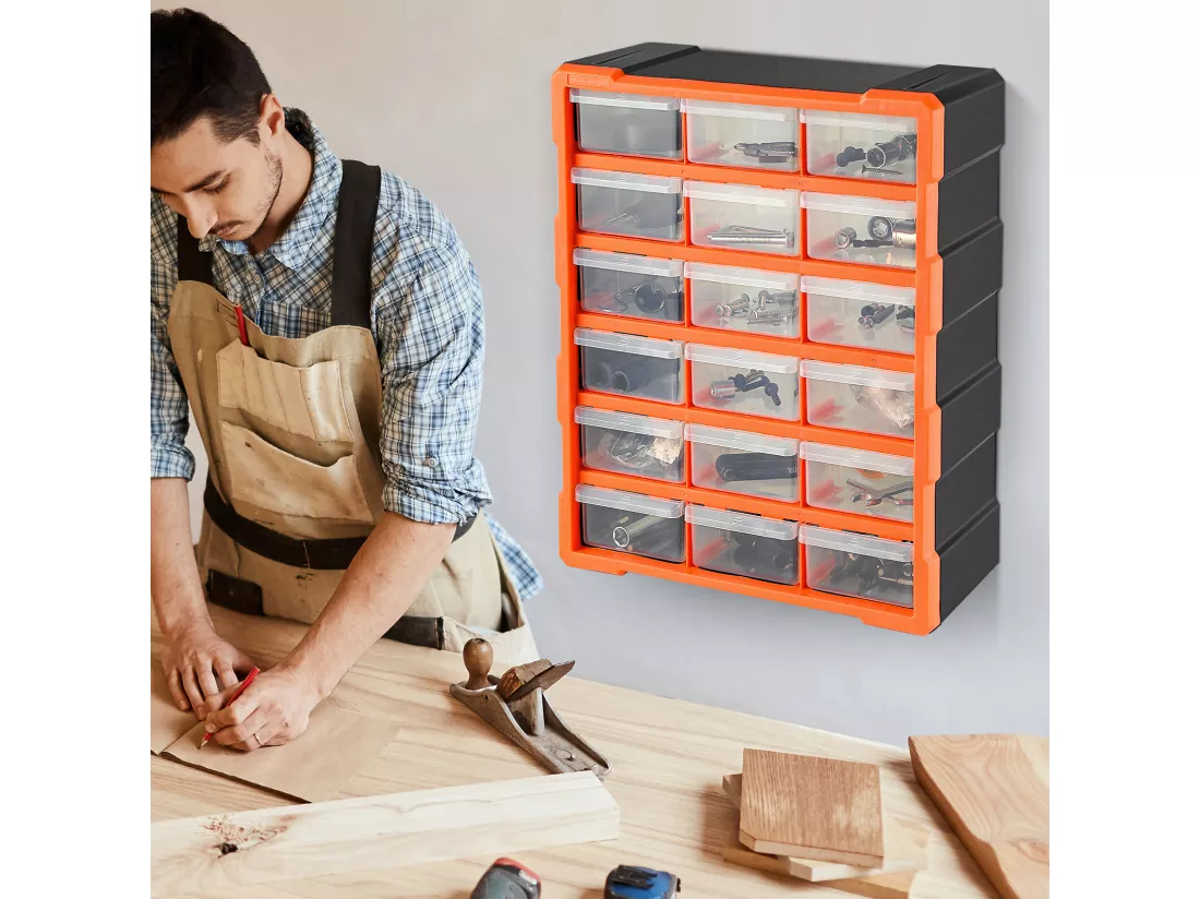 Boîte à outils de rangement, 18 tiroirs extensible en plastique, 38x16x46.5cm, Orange