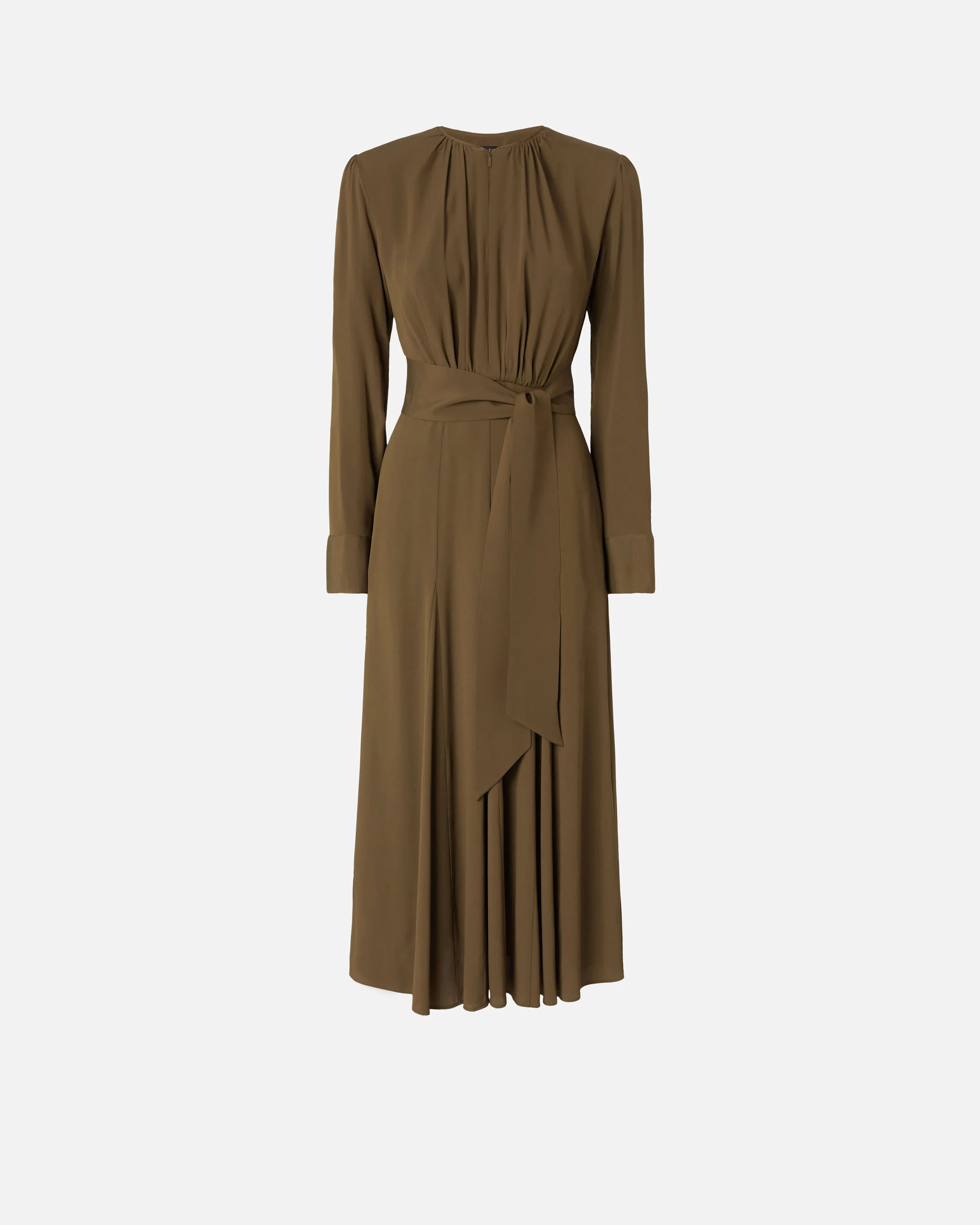 Robe longue ceinturée en soie mélangée à manches longues | Vert
