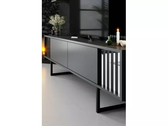 Meuble TV Ananke, Buffet de salon, Armoire basse pour TV, Base murale de rangement, 180x30h48 cm, Anthracite et Noir