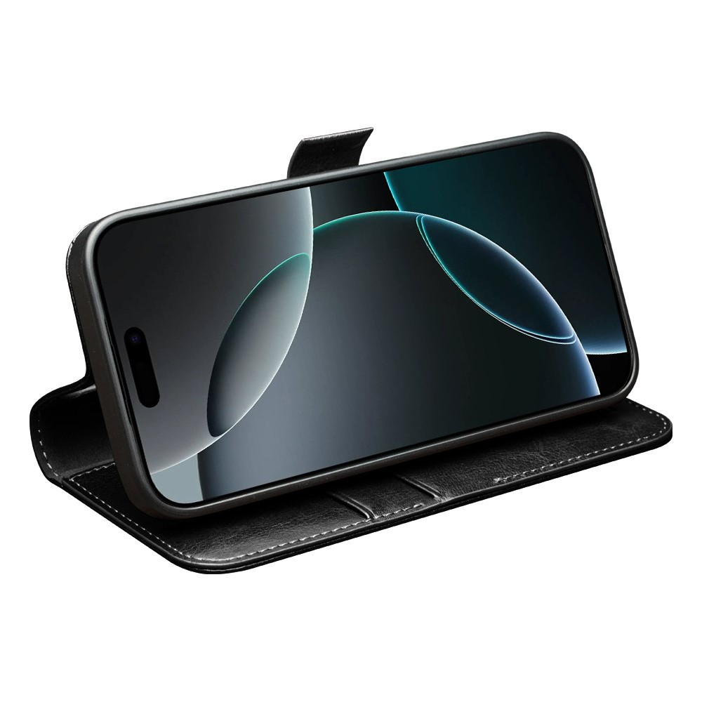 iPhone 17 Pro Echtleder Tasche Flip Cover mit Kartenfächer - Schwarz