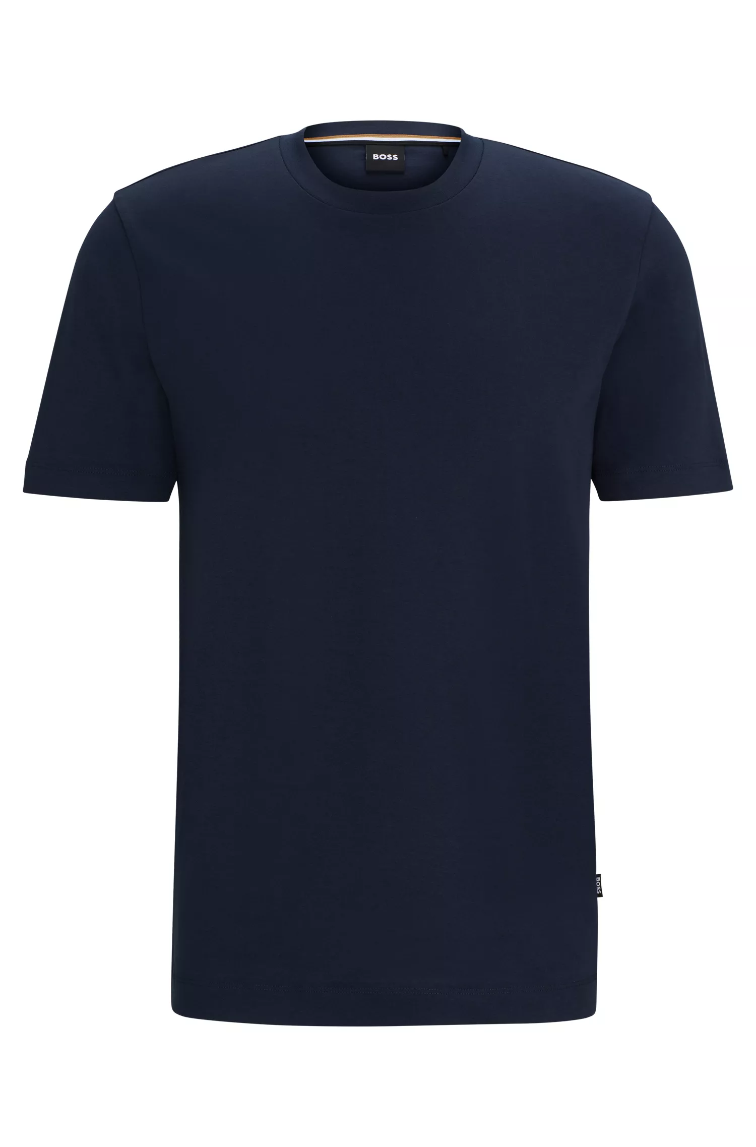 Camiseta BOSS preta em malha de algodão com modelagem regular.