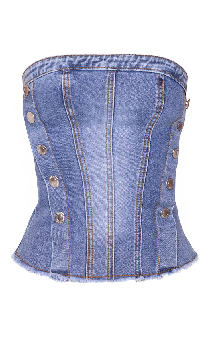 Mid Blue Wash Bandeau En Denim Bleu Moyen Avec Détails De Boutons Petite