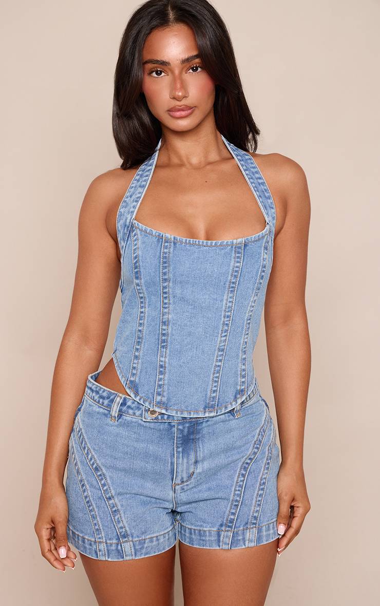 Mid Blue Wash Haut En Denim Ajusté À Col Licou Avec Détails De Coutures Bleu Moyen Petite