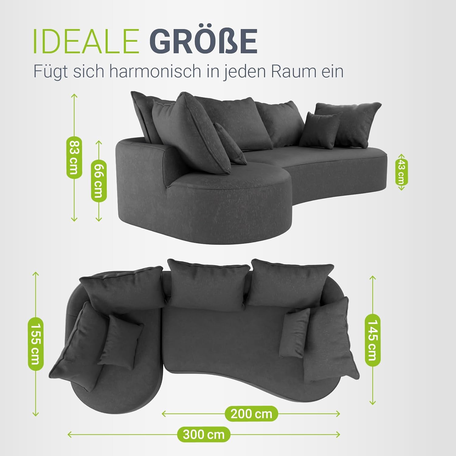 Juskys Sofa Tirano - Samt Grau, Ecksofa mit L-Form, mit Rücken- & Dekokissen, 4-Sitzer Eckcouch, Schaumstoff - Ottomane Links