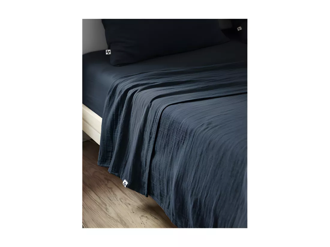 Drap plat 240 x 300 cm en double gaze de coton bleu nuit - PEPA