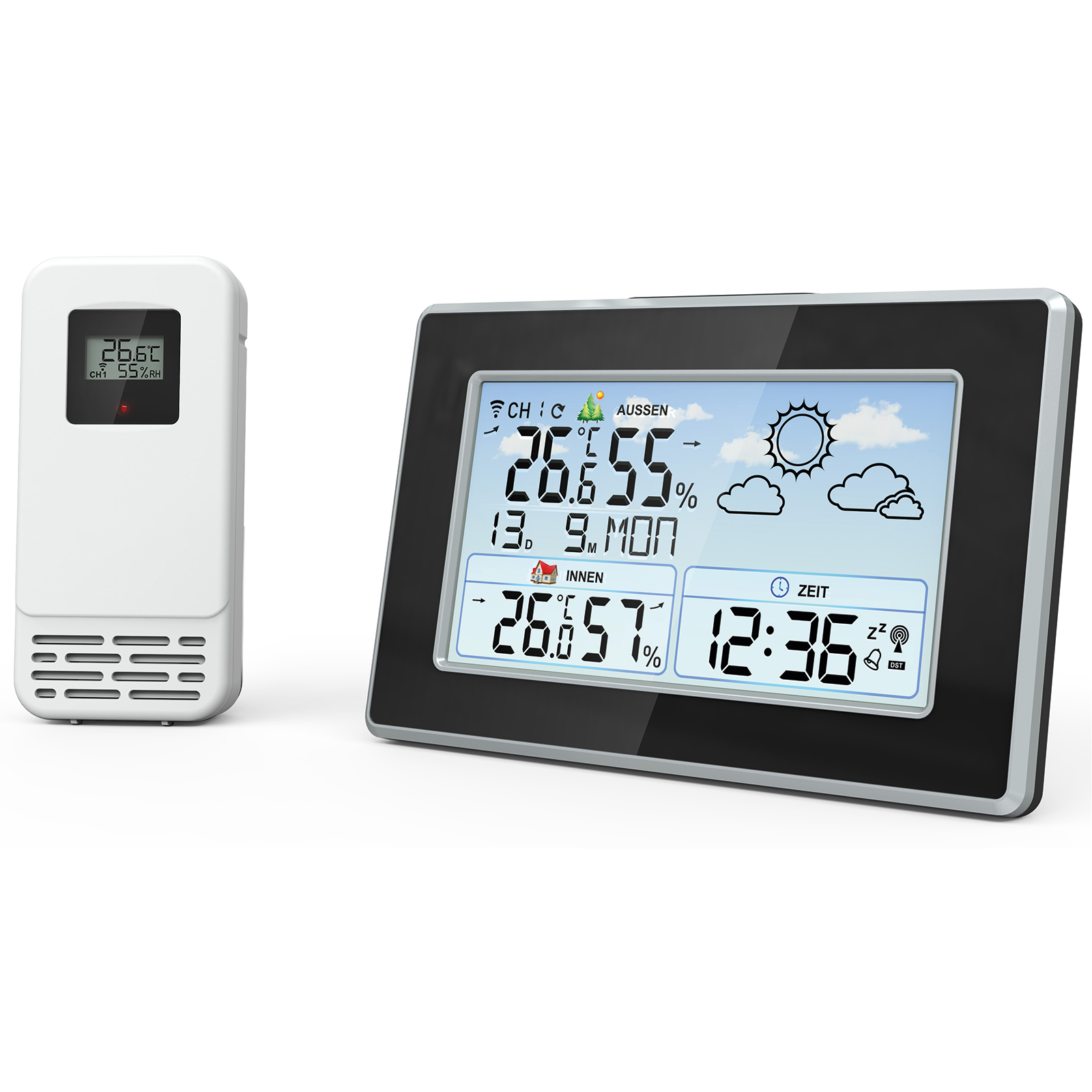 Funk-Wetterstation - weiß-schwarz - integrierter Wecker