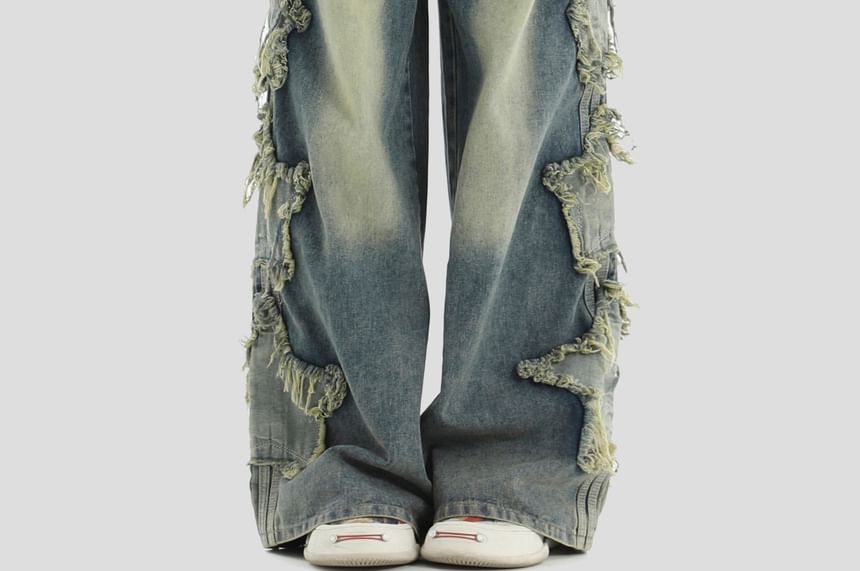 INStudio - High Waist Star Distressed Wide Leg Cargo Jeans
