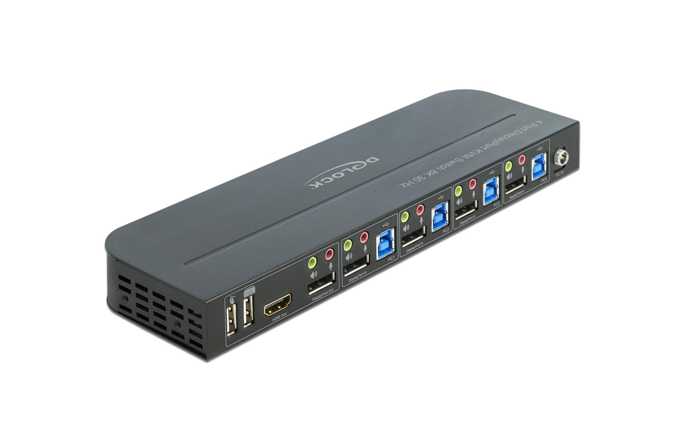 KVM Switch 4 Port Displayport mit USB 3.0 und Audio 8k 30Hz<br>Delock Displayport KVM Switch 4K 60 Hz mit USB 3.0 und Audio