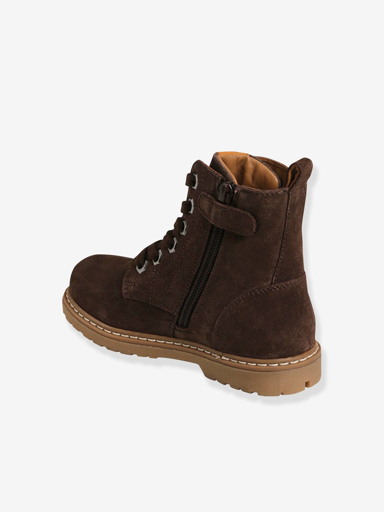 Botas de cano curto em couro com cadarço e zíper, para meninos, cor marrom escuro lisa.