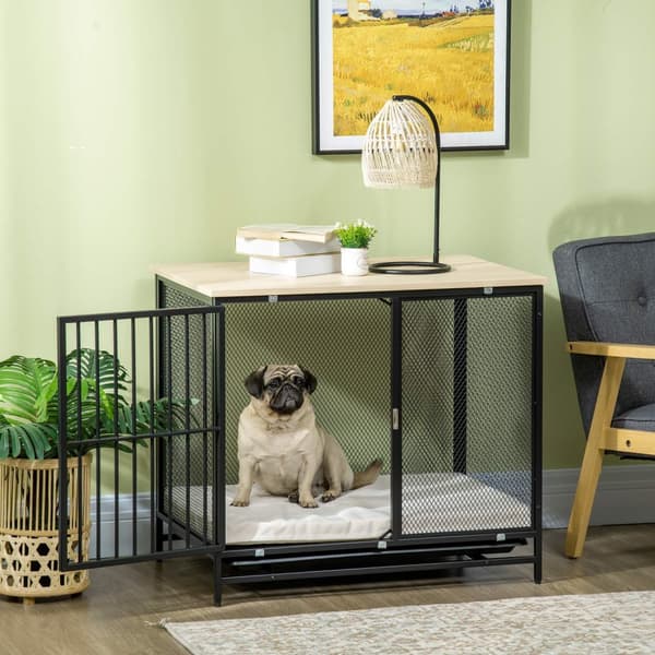 Hundebur, hundehus med bordplate, hundehus med pute, uttrekkbart gulvbrett, hundeboks, eik + svart, 80 x 55 x 71 cm