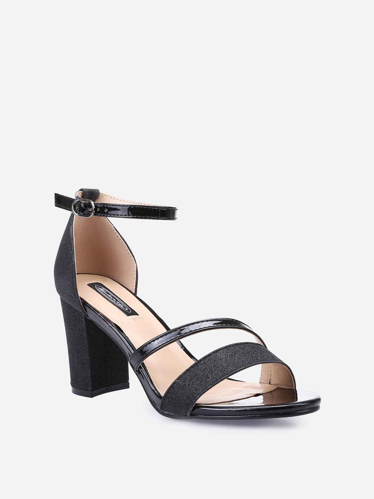 Sandales à talon scintillantes avec brides vernies- Noir
