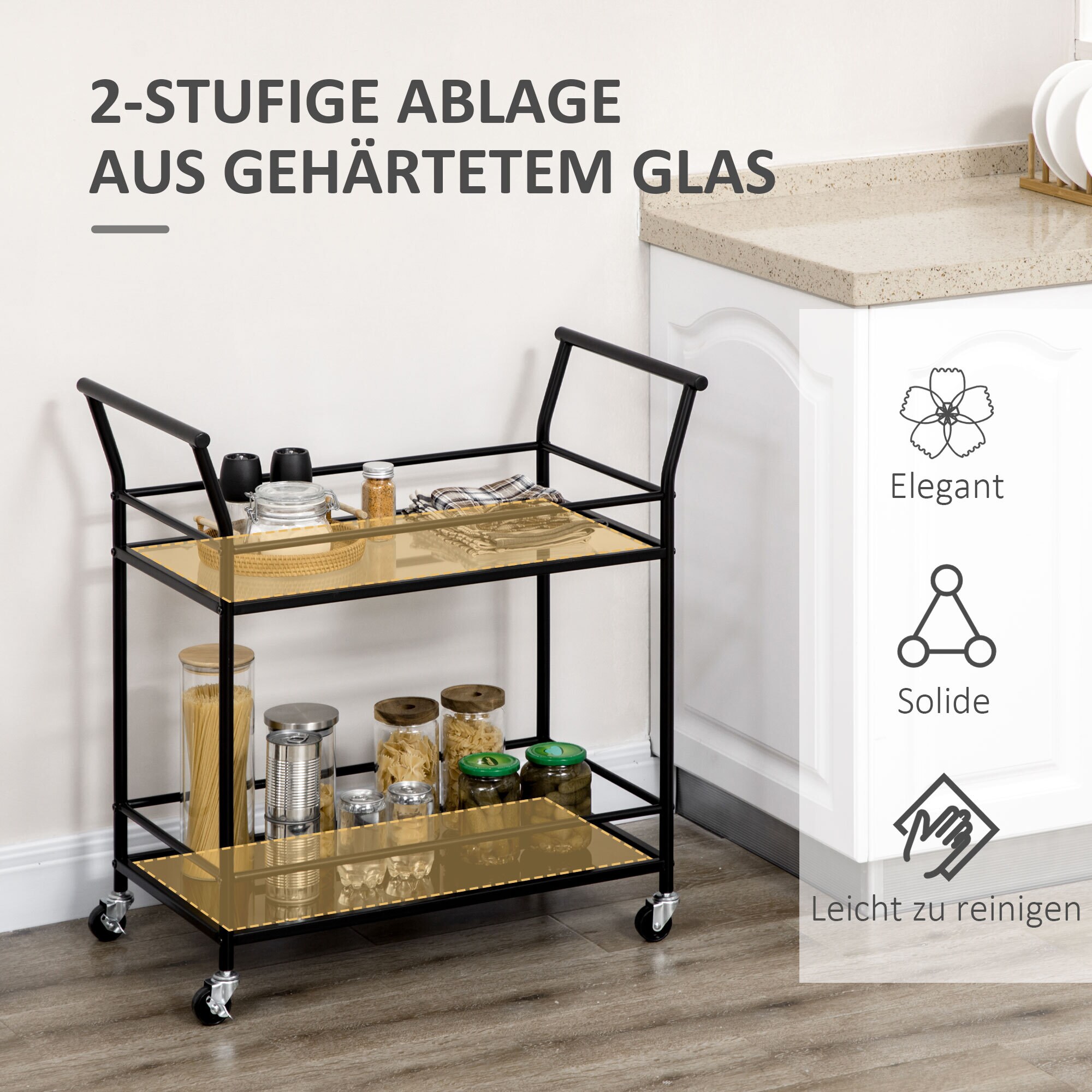 HOMCOM Küchenwagen mit Ablagen aus gehärtetem Glas schwarz 75L x 40B x 80H cm