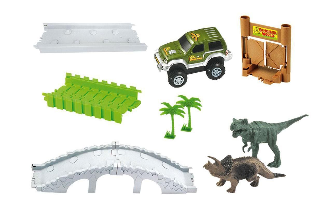 Magic Traxx Bahn Dino-Park Mini Set mit BrückeDino-Park Rennstrecke mit Brücke und Geländewagen