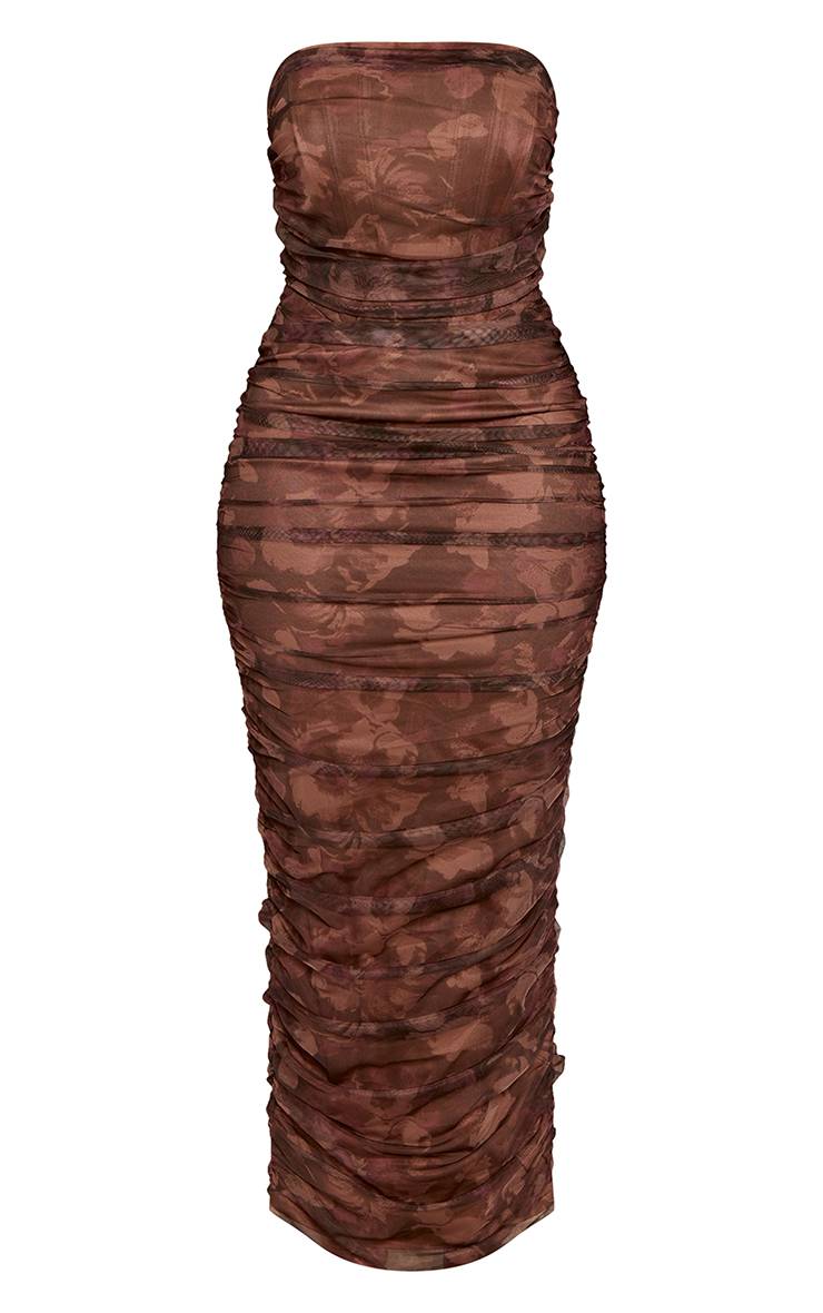 Chocolat Robe Longue Bustier Corseté En Mesh À Imprimé Abstrait Shape