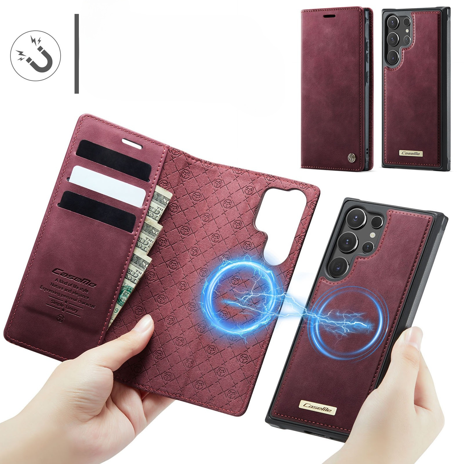 Samsung Galaxy S25 Ultra 2in1 Leder Tasche   Magnet Hardcase Karten Etui MagSafe-Modul (RFID Schutz) - Rot