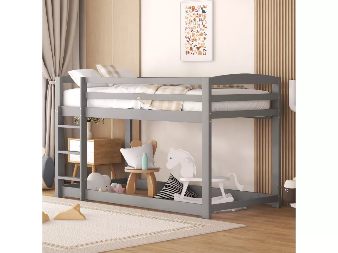 Lit superposé pour enfants et adolescents, structure en bois massif, montage facile, 90x200cm, gris