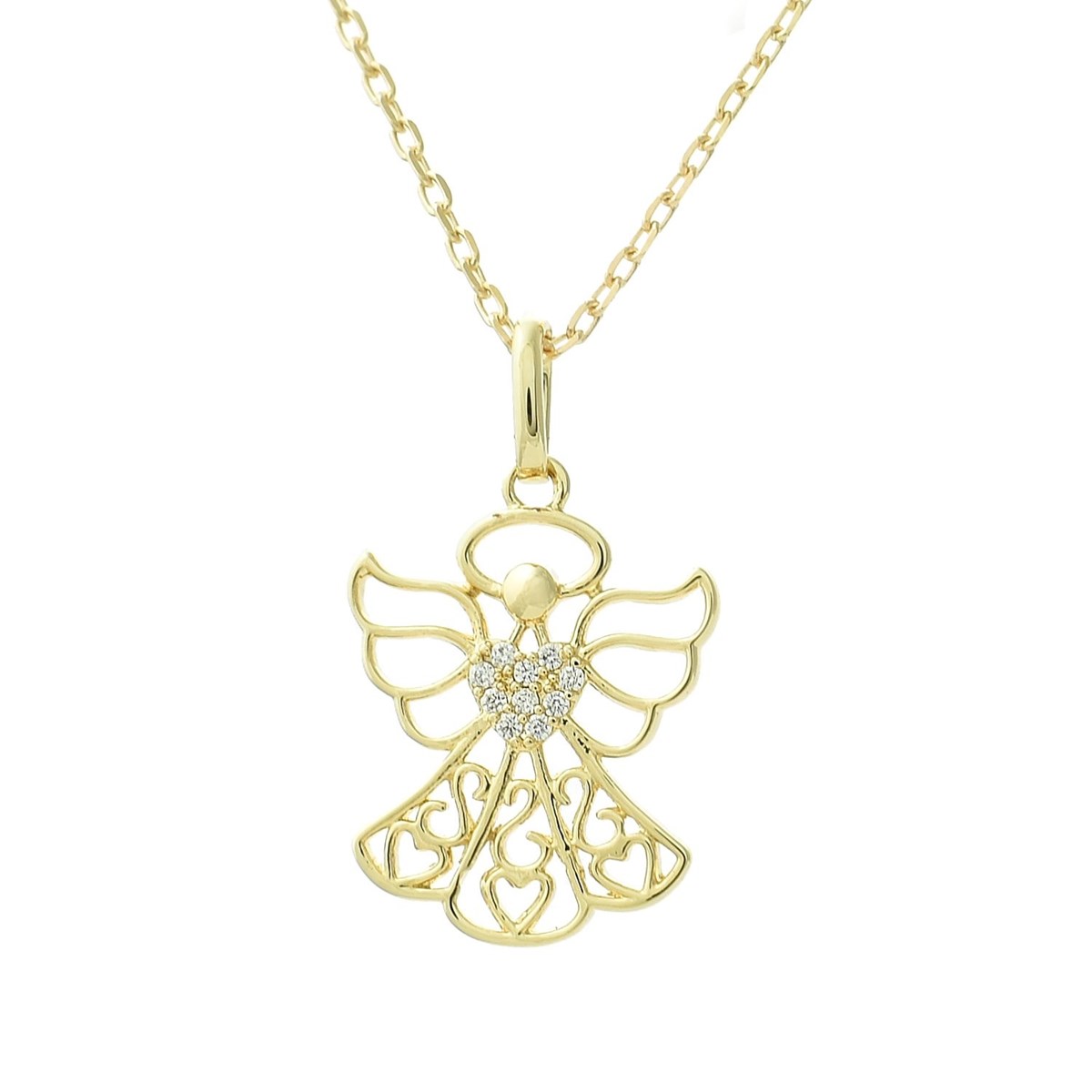 Collier ange protecteur coeur serti d'oxydes de zirconium Plaqué OR 750 3 microns