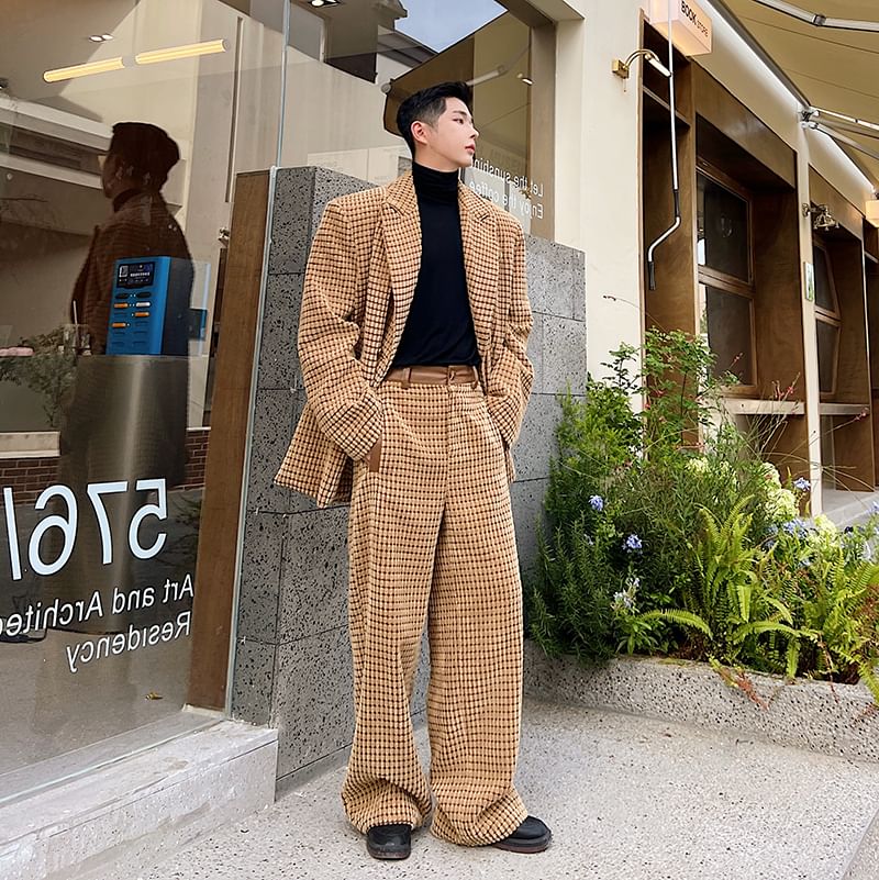Adothuiastic - Corduroy blazer met dubbele rij knopen en piekrevers / Wijde pantalon met middelhoge taille