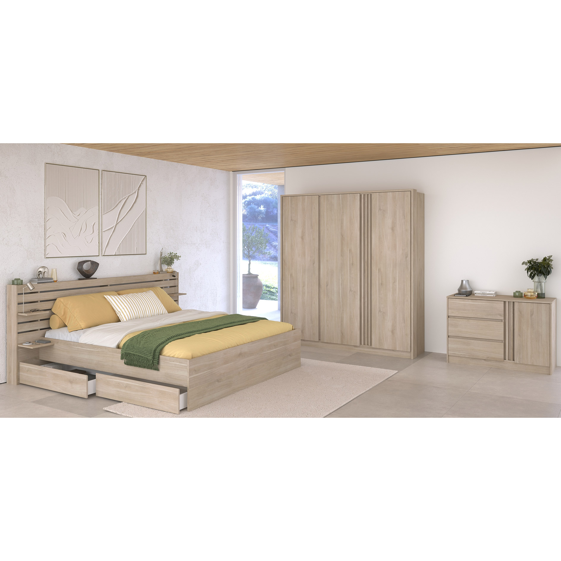 3-teiliges Schlafzimmer-Set ESCALE 22 - Japanische Eiche - 160x200 cm