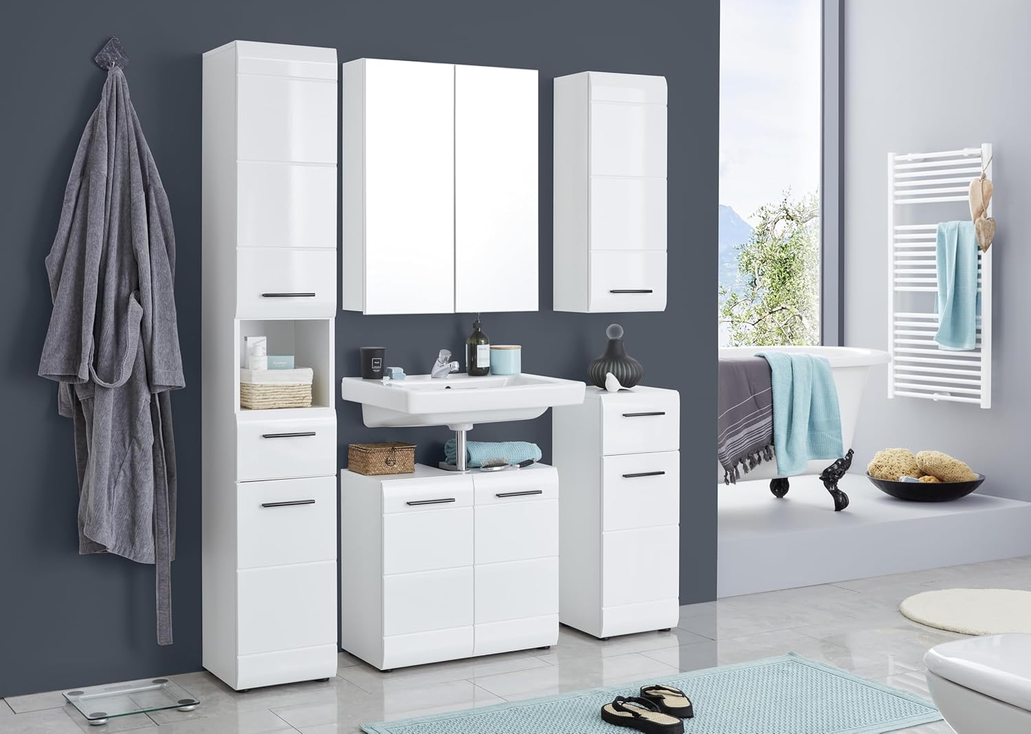 trendteam smart living - Skin - Hochschrank - Weiß/Weiß Hochglanz - 5 Fächer, eine Ablage und eine Schublade - (BxHxT) 30 x 182 x 31 cm - 2 verstellbare Einlegeböden - Kratzfest