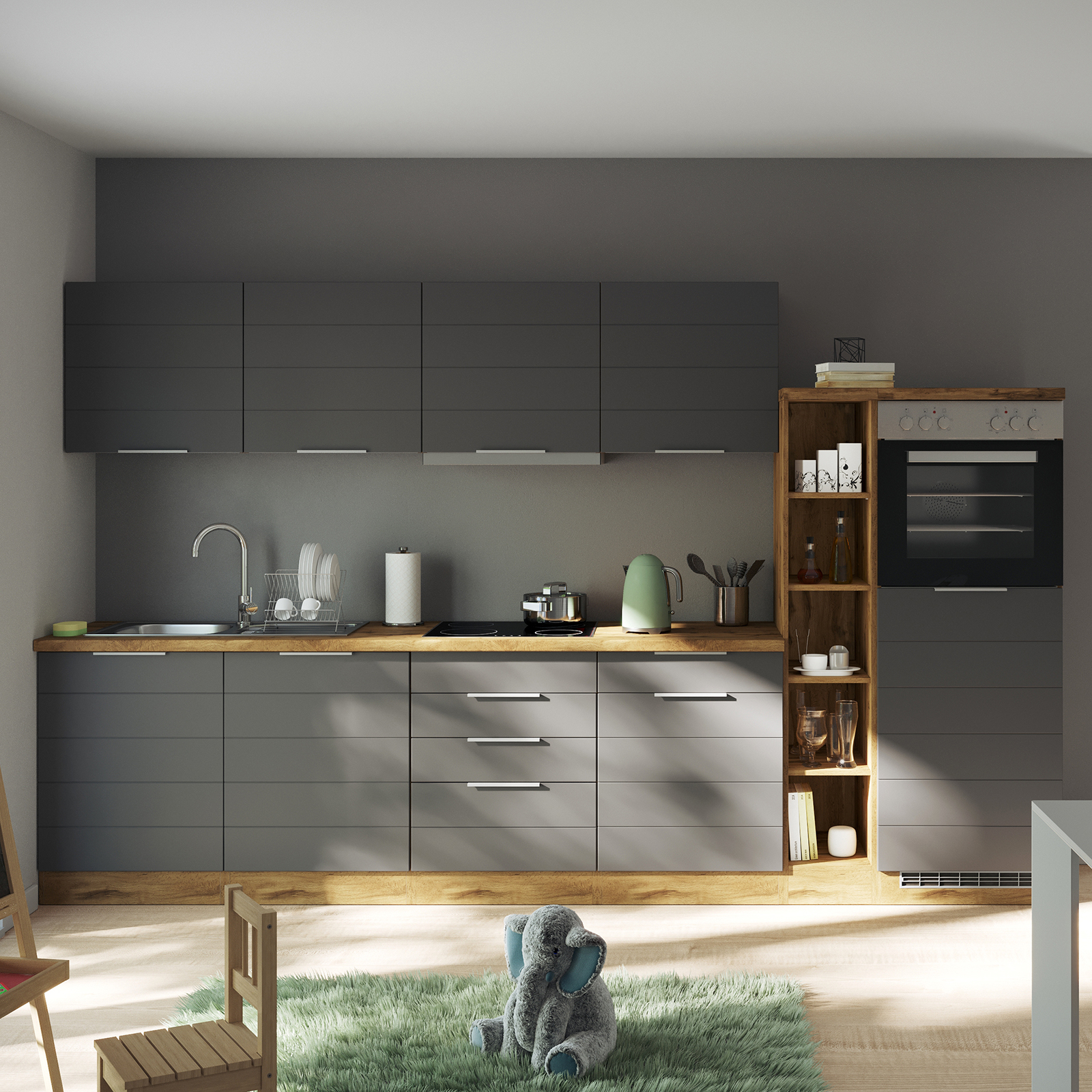 Küchenblock FLORENZ - grau matt-Wotan Eiche - mit E-Geräten - 330 cm