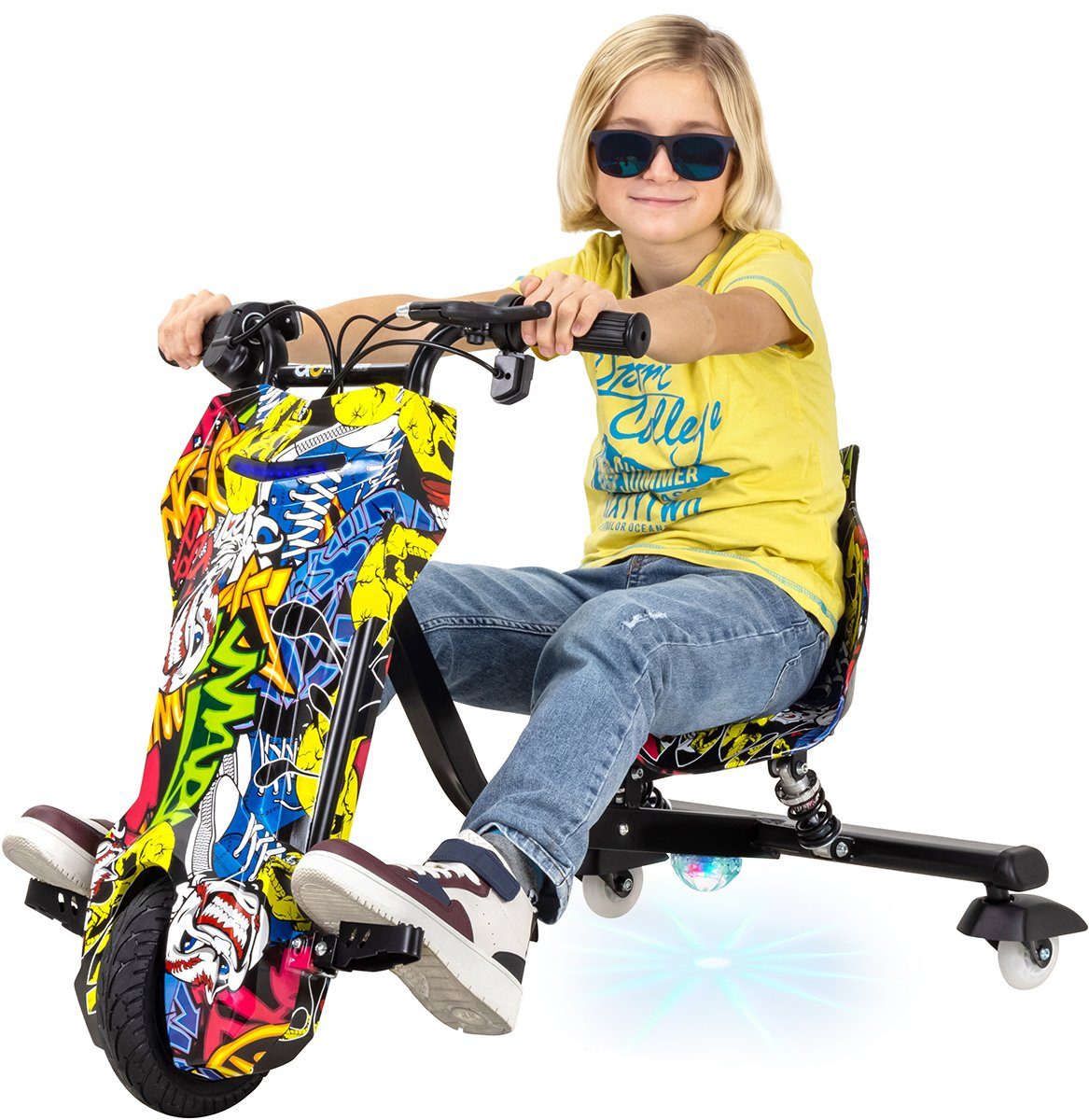 Patinete de três rodas Actionbikes Motors Drifter 360, 15 km/h, 250 watts - Rodas LED 360° - Suspensão - 3 níveis - Triciclo de drift
