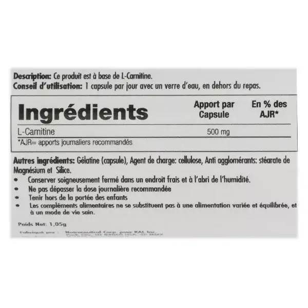 Kal L-Carnitine 500mg 30 capsules