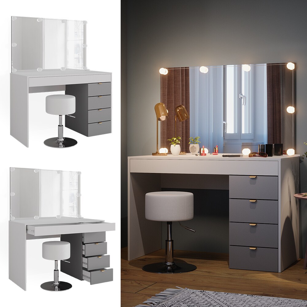 Vicco Schminktisch Elise Weiß Grau 115 x 76 cm modern Frisiertisch Schubladen Spiegel Hocker LED-Beleuchtung