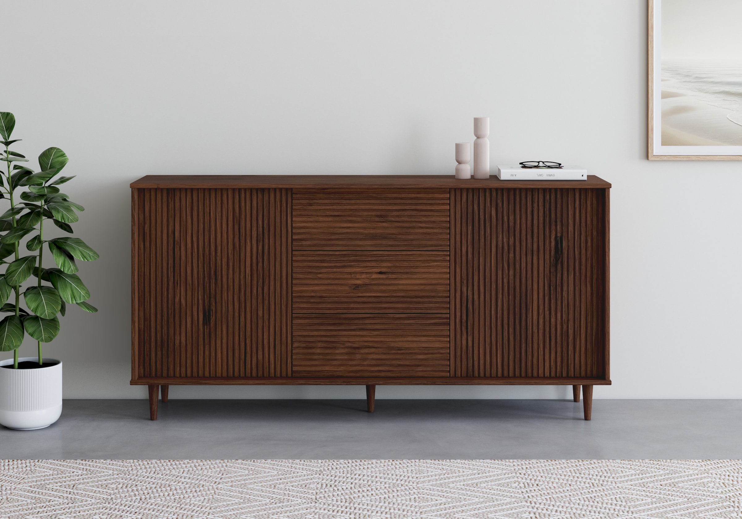 INOSIGN Sideboard »Malmedy  Front mit gefrästen Rillen« Kommode aus massivem Kiefernholz, Push-to-open, Breite 160 cm