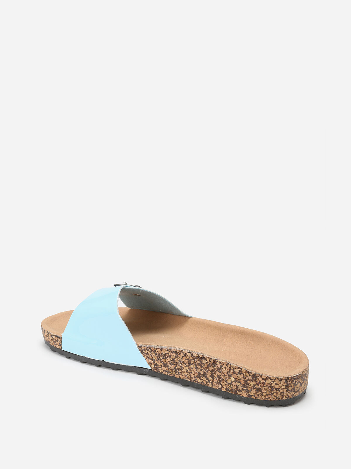 Mules ciel vernies à semelle effet liège- Bleu